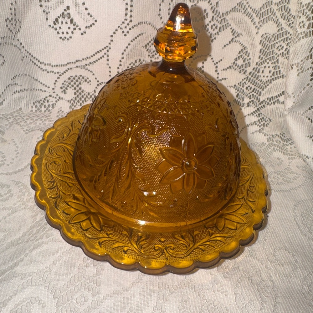Vintage Tiarra glass Amber Pressed Glass Covered Butter Dish - Floral Pattern